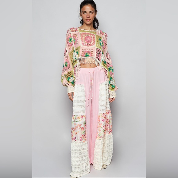 POL Women’s Colorful Crochet Fringe Long Sleeve Cropped Top NEW - Picture 5 of 5